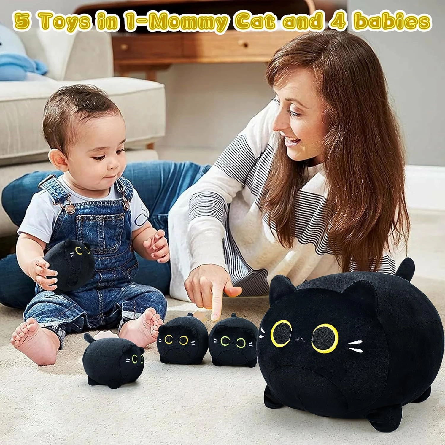 5 PCS Black Cat Plush Toys- Black Cat Plush Stuffed Animal Family, Cute Black Cat Mommy Cat with 4 Baby Kittens Cat Plushies for Kids, Kawaii Cat Plush Toy Birthday Gifts for Kids Boys Girls