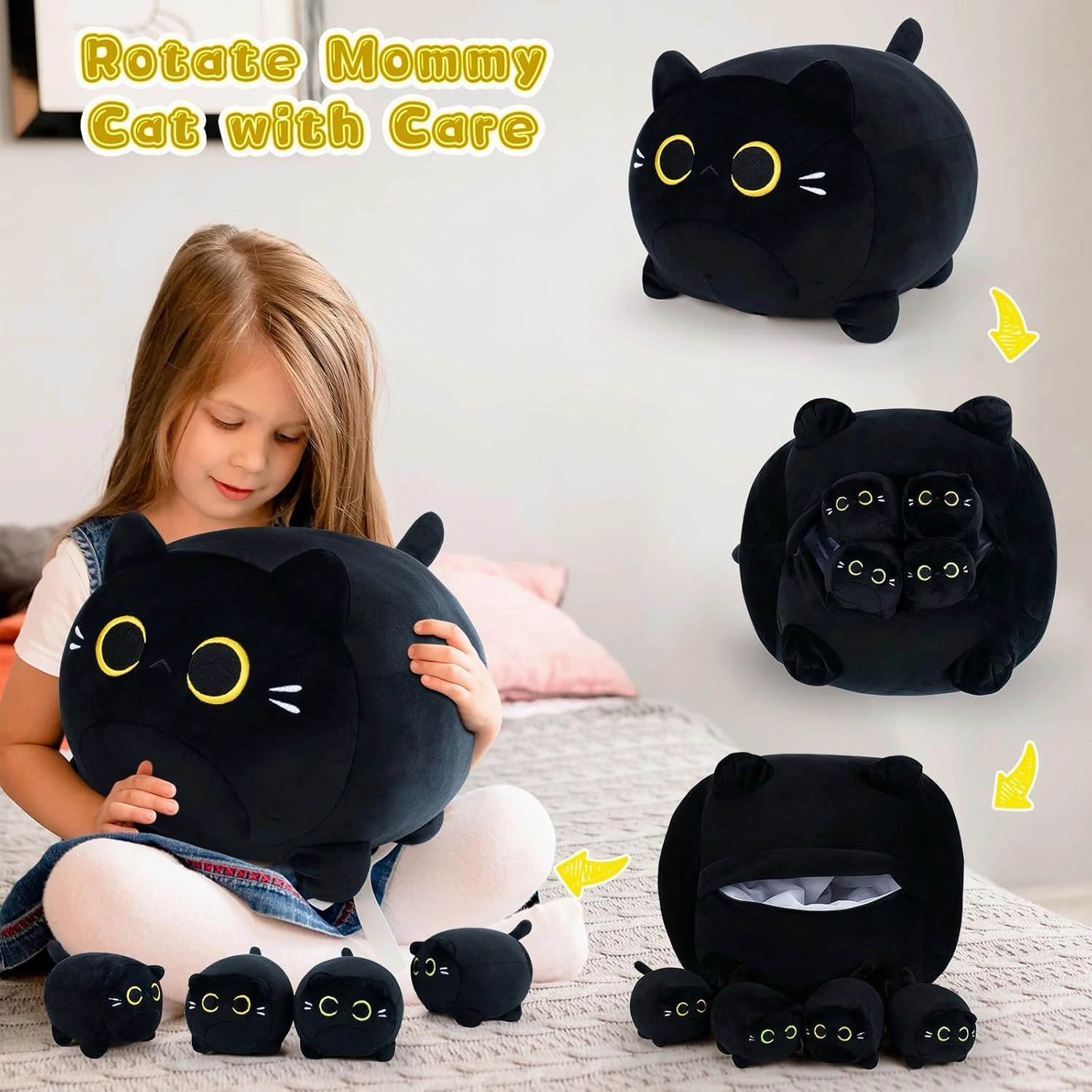 5 PCS Black Cat Plush Toys- Black Cat Plush Stuffed Animal Family, Cute Black Cat Mommy Cat with 4 Baby Kittens Cat Plushies for Kids, Kawaii Cat Plush Toy Birthday Gifts for Kids Boys Girls