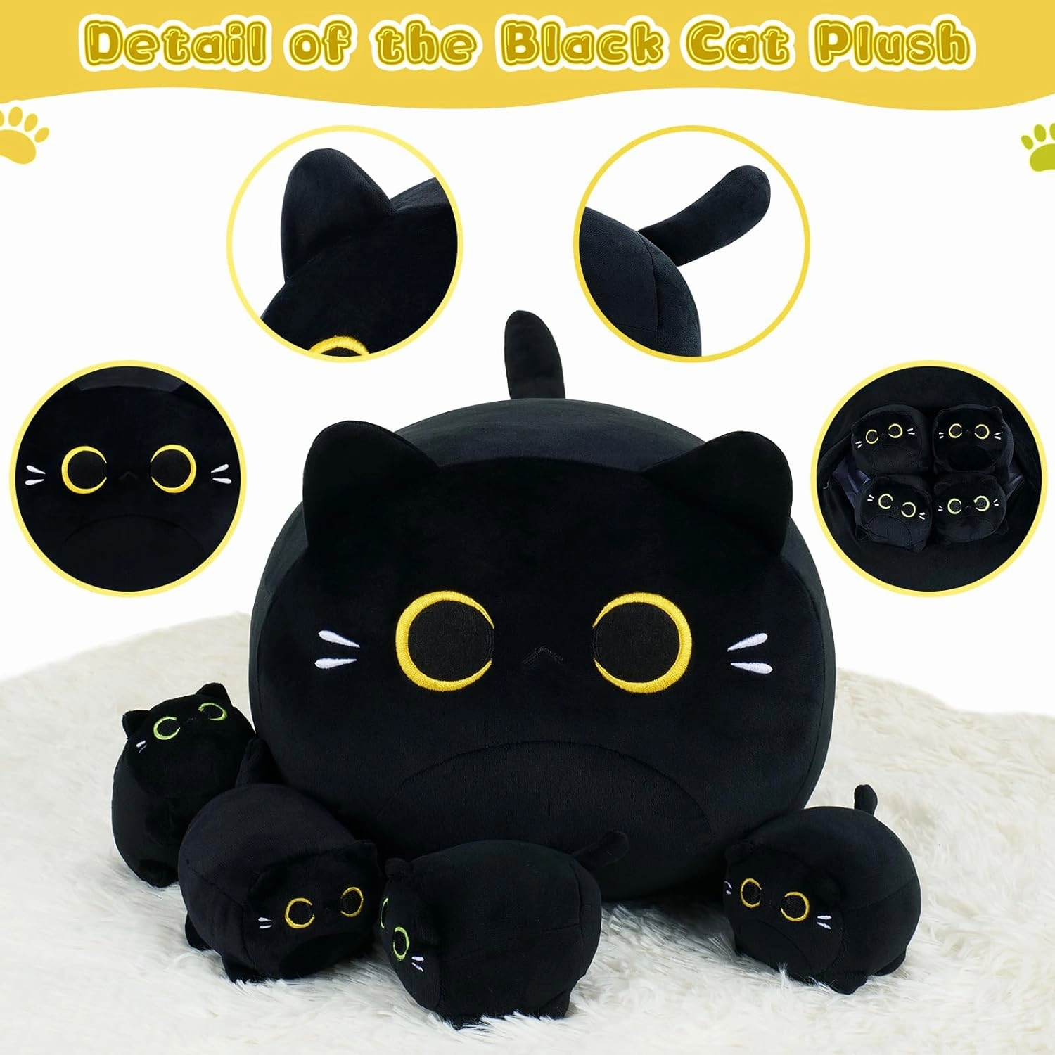 5 PCS Black Cat Plush Toys- Black Cat Plush Stuffed Animal Family, Cute Black Cat Mommy Cat with 4 Baby Kittens Cat Plushies for Kids, Kawaii Cat Plush Toy Birthday Gifts for Kids Boys Girls