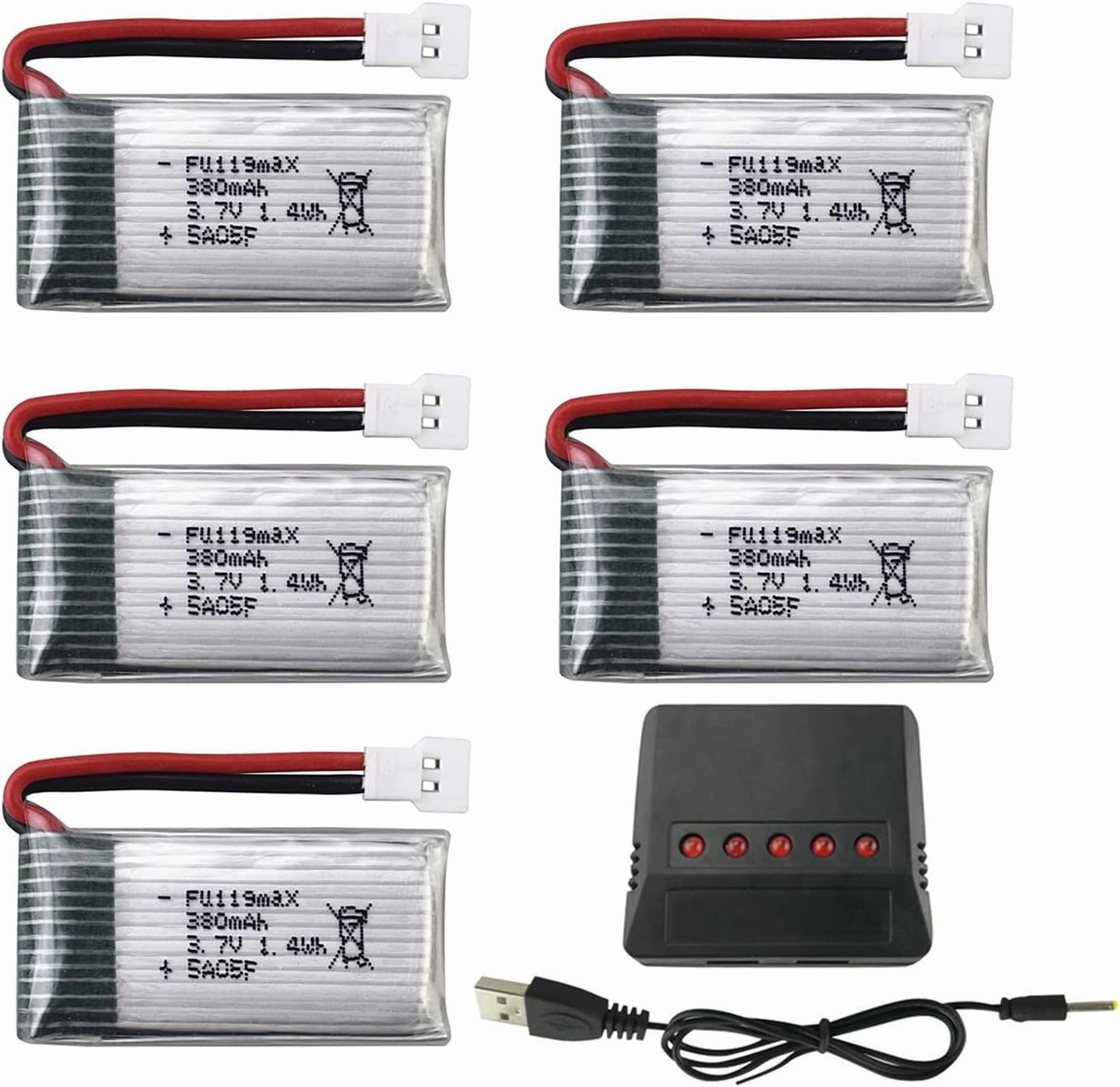 5PCS 3.7V 380mAh Battery with 5-in-1 Charger for Hubsan X4 H107 H107C H107L Syma X11 X11C, HS170 HS170C F180C HS170G TOZO Q2020 E016H E016F FX801 V911S A120 XK A150 V966 Remote Control Drone