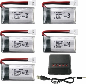 5PCS 3.7V 380mAh Battery with 5-in-1 Charger for Hubsan X4 H107 H107C H107L Syma X11 X11C, HS170 HS170C F180C HS170G TOZO Q2020 E016H E016F FX801 V911S A120 XK A150 V966 Remote Control Drone