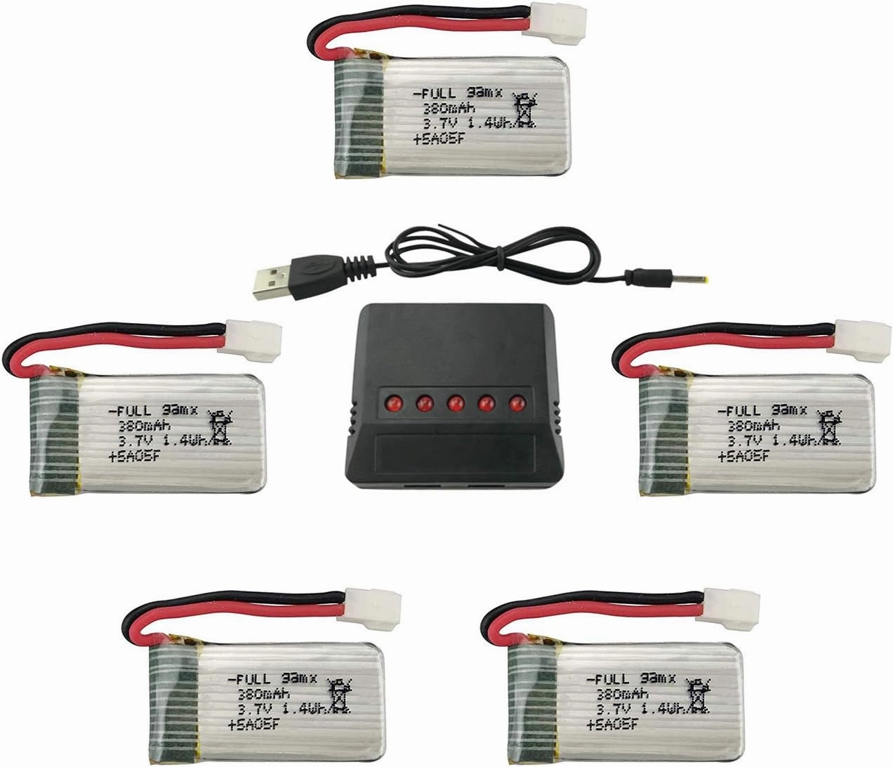 5PCS 3.7V 380mAh Battery with 5 in 1 Charger for Hubsan X4 H107 H107C H107L Syma X11 X11C HS170 HS170C F180C HS170G TOZO Q2020 E016H E016F Remote Control Drone Accessory