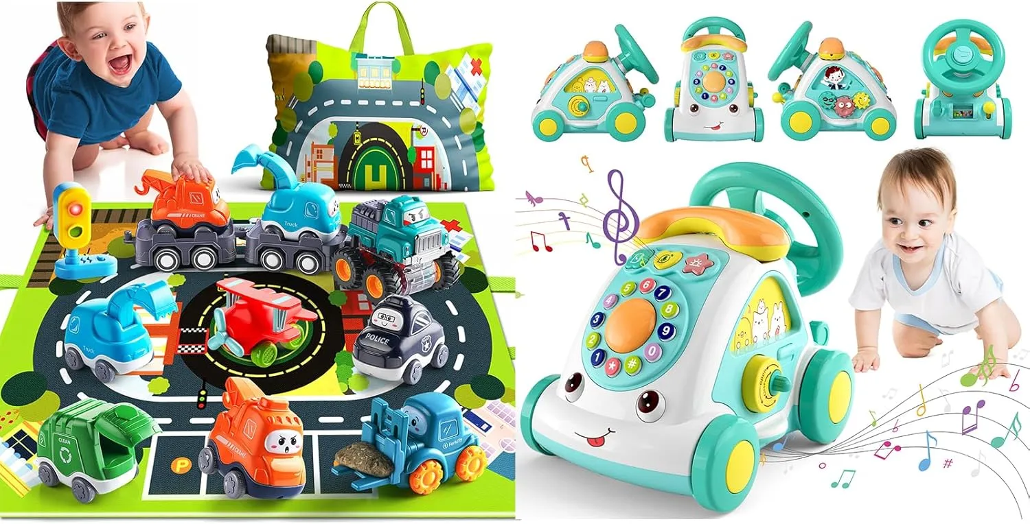 6 Colorful Cars with Big Trailers Toy Set   Musical Phone Car Crawling Toy for Babies & Toddlers