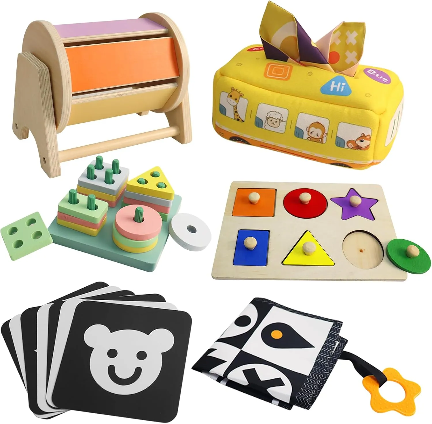 6 in 1 Montessori Toys for Babies 6 Months, Early Learning Toys with Montessori Spinning Drum, Baby Tissue Box, Black and White Card, Color Matching