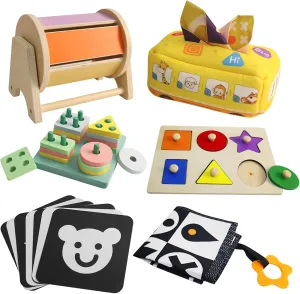 6 in 1 Montessori Toys for Babies 6 Months, Early Learning Toys with Montessori Spinning Drum, Baby Tissue Box, Black and White Card, Color Matching