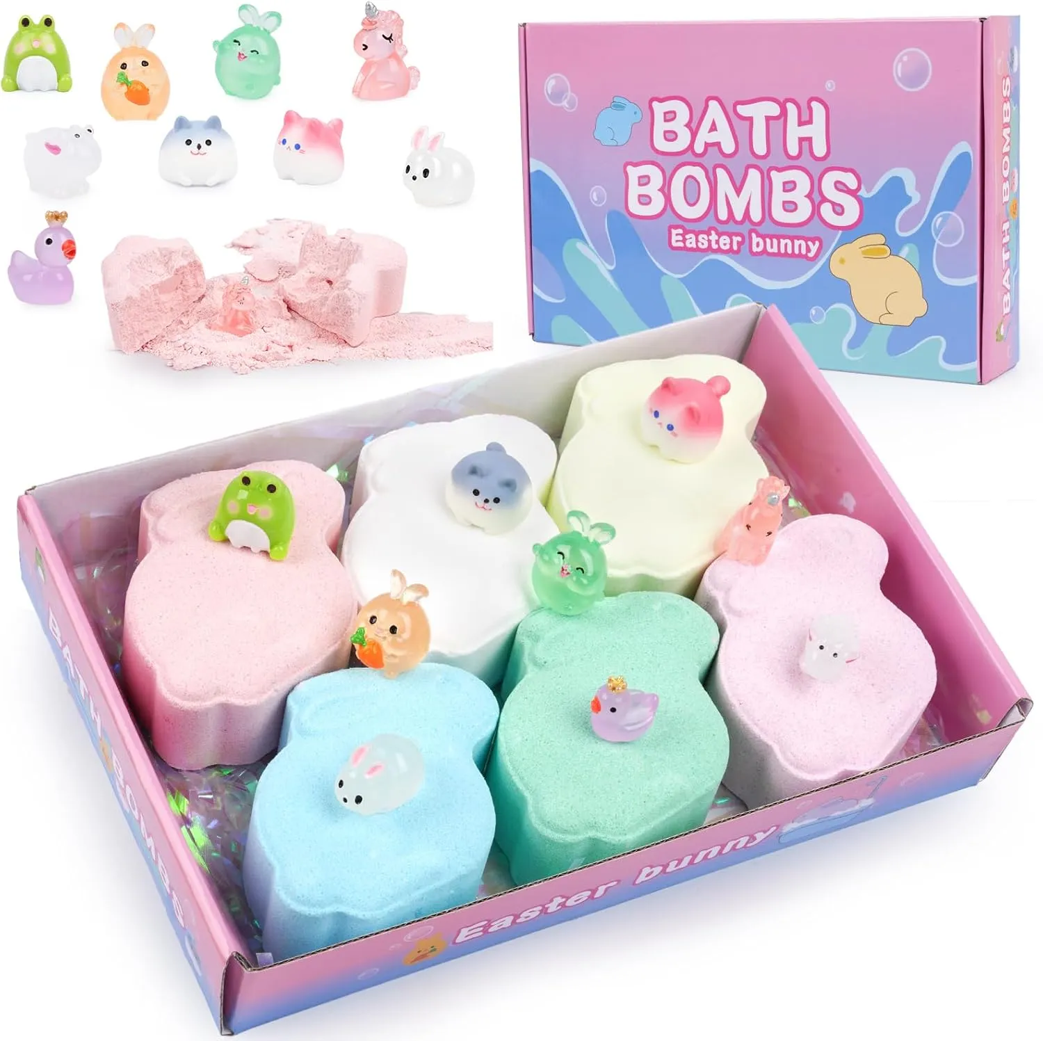 6 Pack Easter Bath Bombs,Bunny Bath Bomb with Surprise Inside,Easter Basket Stuffers,Rabbit Bath Salt for Party Favor Easter Gifts