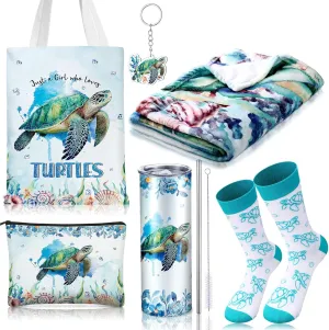 6 Pcs Sea Turtles Just a Girl Who Loves Gifts for Women Include 20 oz Turtle Stainless Steel Tumbler with Lid Straw Cosmetic Bag Throw Blanket Keychain Socks Handbag for Sea Turtles Lover