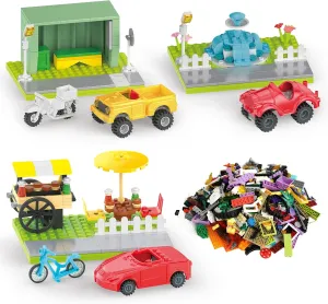 600 PCS Classic Block Kits - Fun Puzzle Scenes, Wheel and Axle Sets - Bulk Bricks Car Parts with Tires