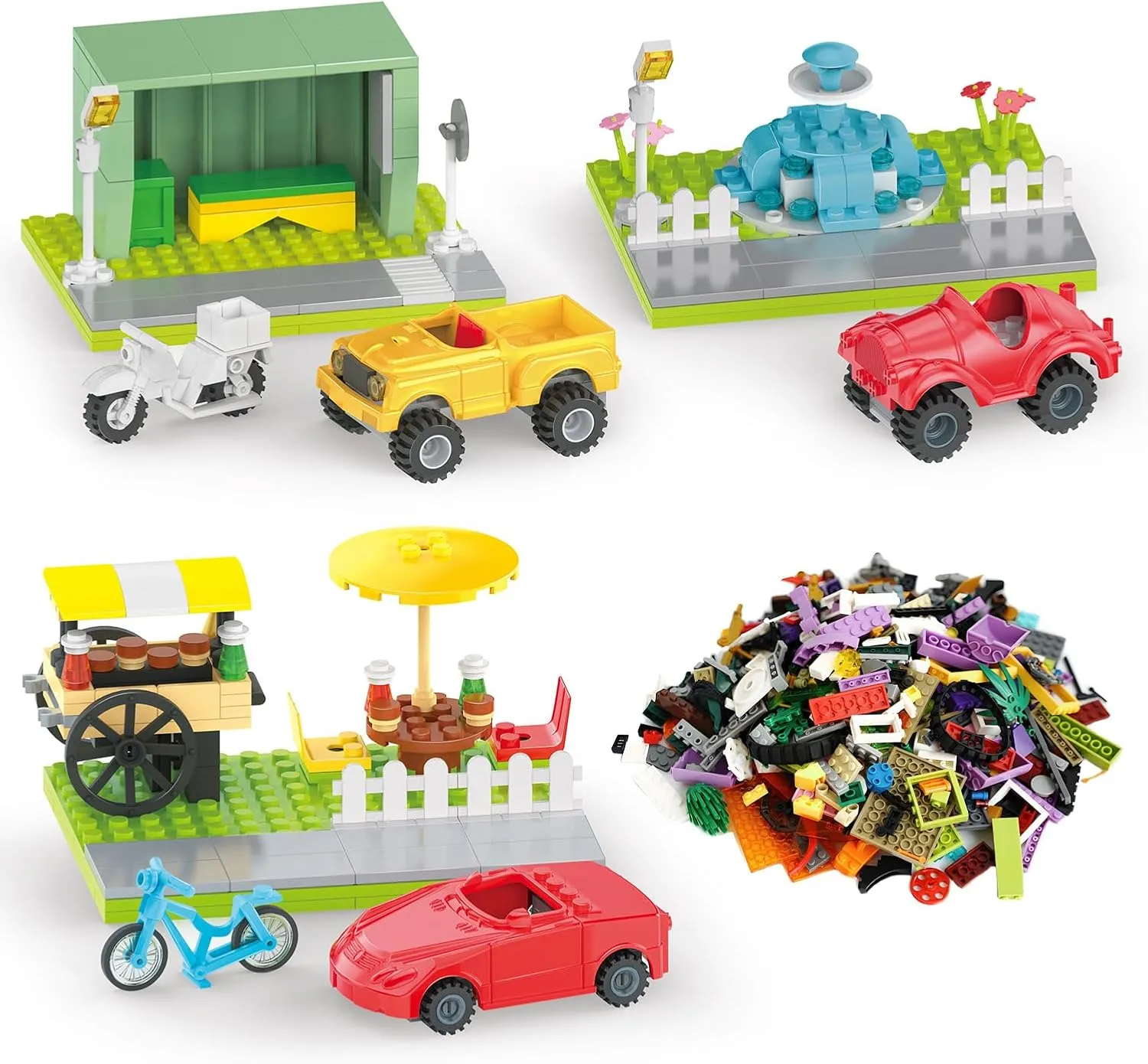 600 PCS Classic Block Kits - Fun Puzzle Scenes, Wheel and Axle Sets - Bulk Bricks Car Parts with Tires