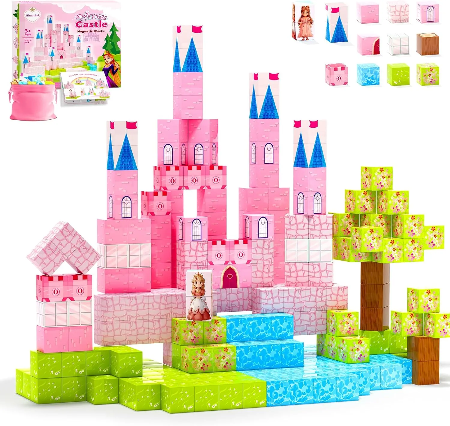 64 Pcs Magnetic Blocks-Princess Castle Collection World,Magnetic Building Blocks for 3  Year Old Boys & Girls, Creative STEM Sensory Toys,Christmas Birthday Gifts for Kids Ages 3-8
