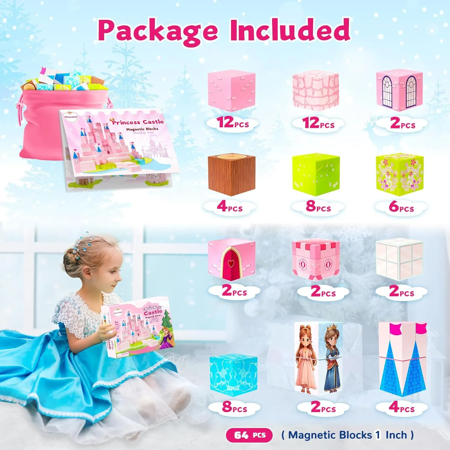 64 Pcs Magnetic Blocks-Princess Castle Collection World,Magnetic Building Blocks for 3  Year Old Boys & Girls, Creative STEM Sensory Toys,Christmas Birthday Gifts for Kids Ages 3-8