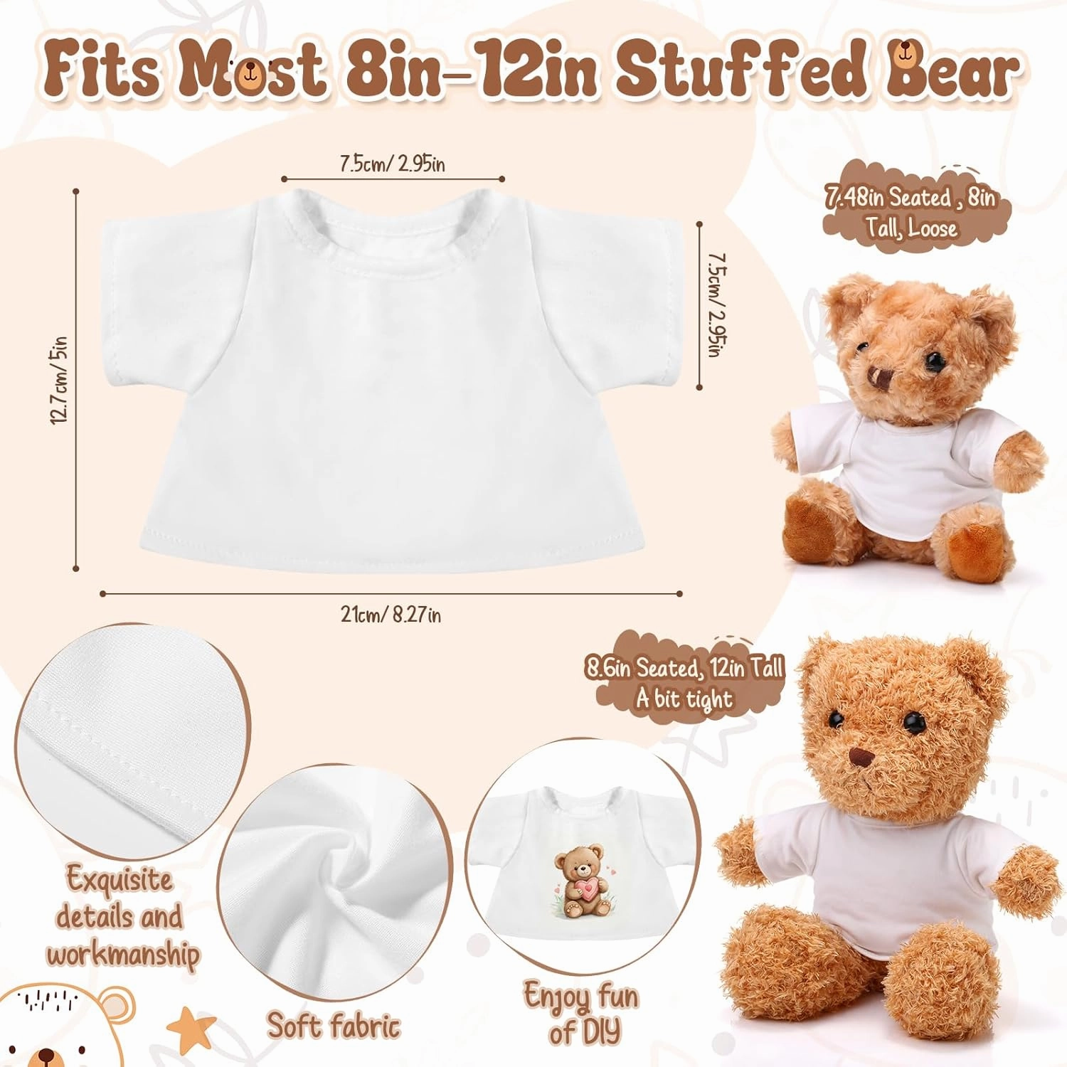 6 Pcs Sublimation Stuffed Bear Shirt Clothes Fit 8-12 Inch Stuffed Animal Blank Plush Bear Tshirts Tee Shirt for DIY Make Unique Stuffed Doll Outfit