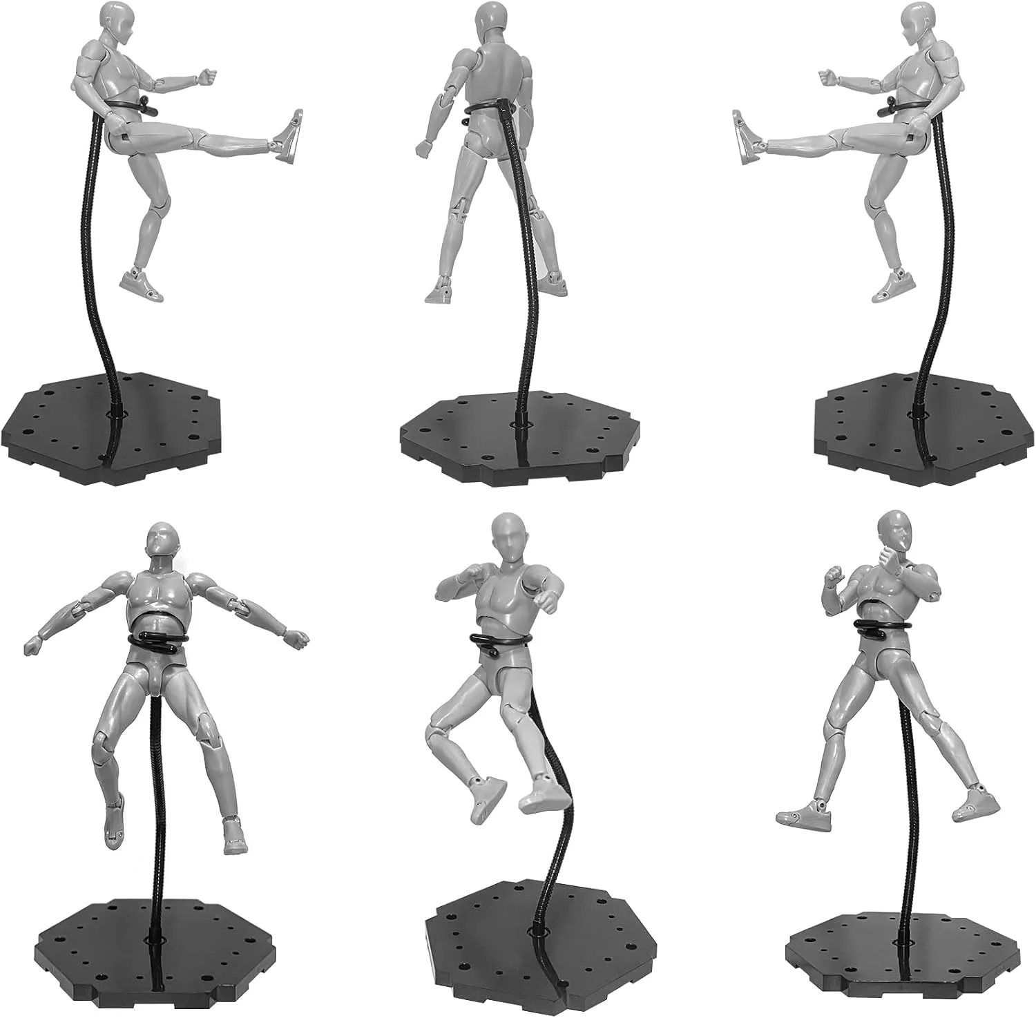 6Pack Black Action Figure Display Stand with Flexible Metal Arms & Waist Clip, Metal Figure Stand Holder Base for HG RG SD SHF Gundam 1/144 Toy Models, Action Figure Holder for Dolls