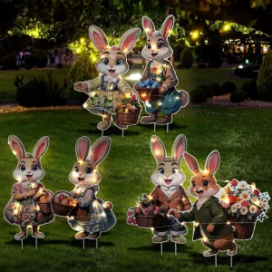 6PCS Vintage Spring Summer Bunny Yard Signs Decorations Outdoor with Stakes and LED Lights Cute Spring Bunny Eggs Garden Decor Holiday Welcome Signs for Party,Lawn Yard Garden