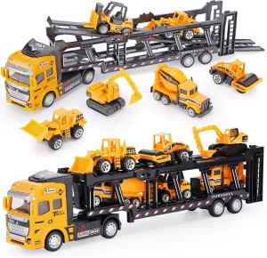 7 in 1 Construction Truck Toys, Die-cast Pull Back Transport Car Carrier, Detachable Metal Car Hauler, Tractor Excavator Play Vehicle Set for Kids Boys 3 4 5 Years Old