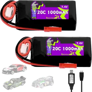 7.4V 1000mAh 20C Battery for WLToys Mini RC Car K989 K969 K979 K999 P939 P929 1/28 MINI-Q 284131 Toy Speed Racing Truck with JST Plug and 2S Charger Cable