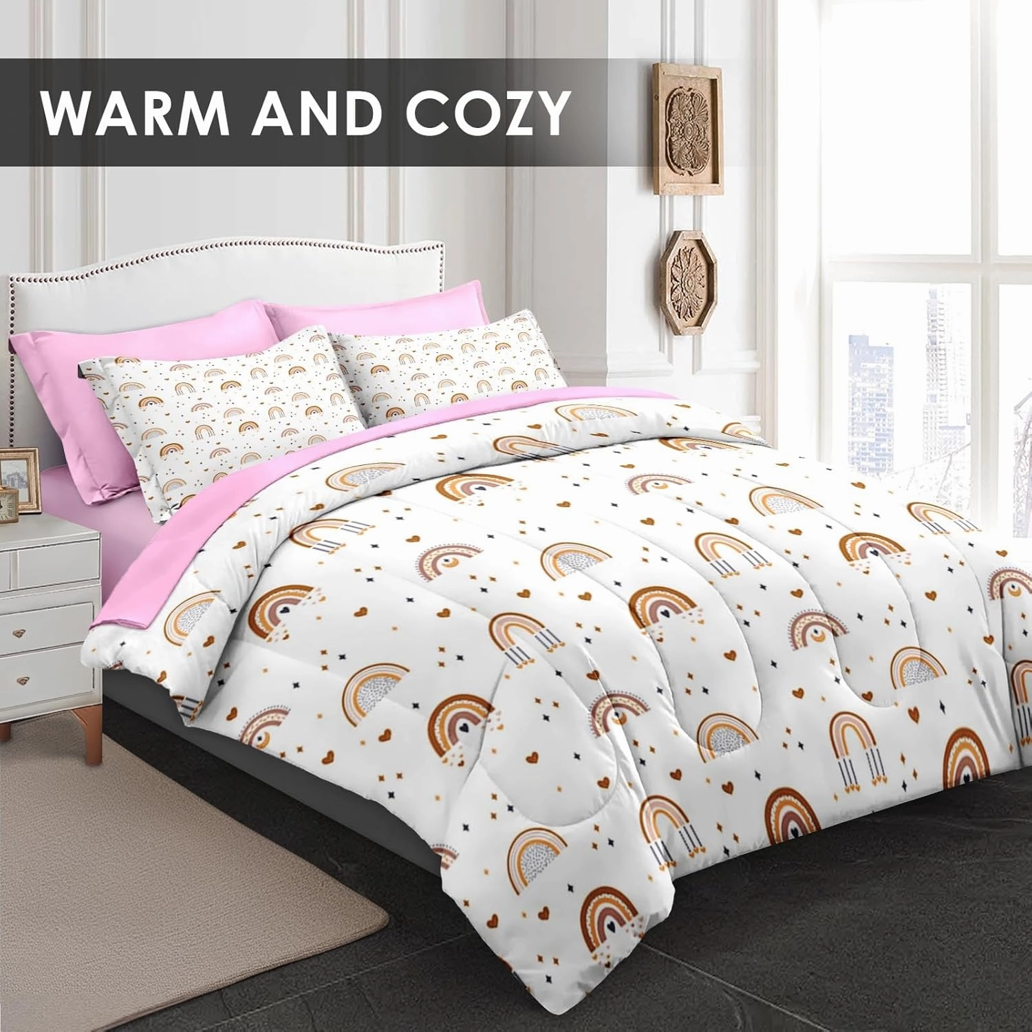 7 Pcs King Size Comforter Set with 2 Pillowcases & 2 Shams, Cute Bohemian Rainbow Bedding for Kids and Adults, Cartoon Boho Nursery Bed in a Bag with Flat Fitted Sheet