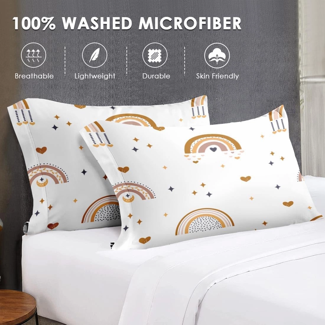 7 Pcs King Size Comforter Set with 2 Pillowcases & 2 Shams, Cute Bohemian Rainbow Bedding for Kids and Adults, Cartoon Boho Nursery Bed in a Bag with Flat Fitted Sheet