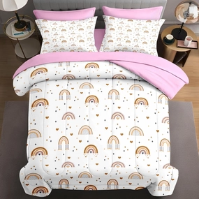 7 Pcs King Size Comforter Set with 2 Pillowcases & 2 Shams, Cute Bohemian Rainbow Bedding for Kids and Adults, Cartoon Boho Nursery Bed in a Bag with Flat Fitted Sheet