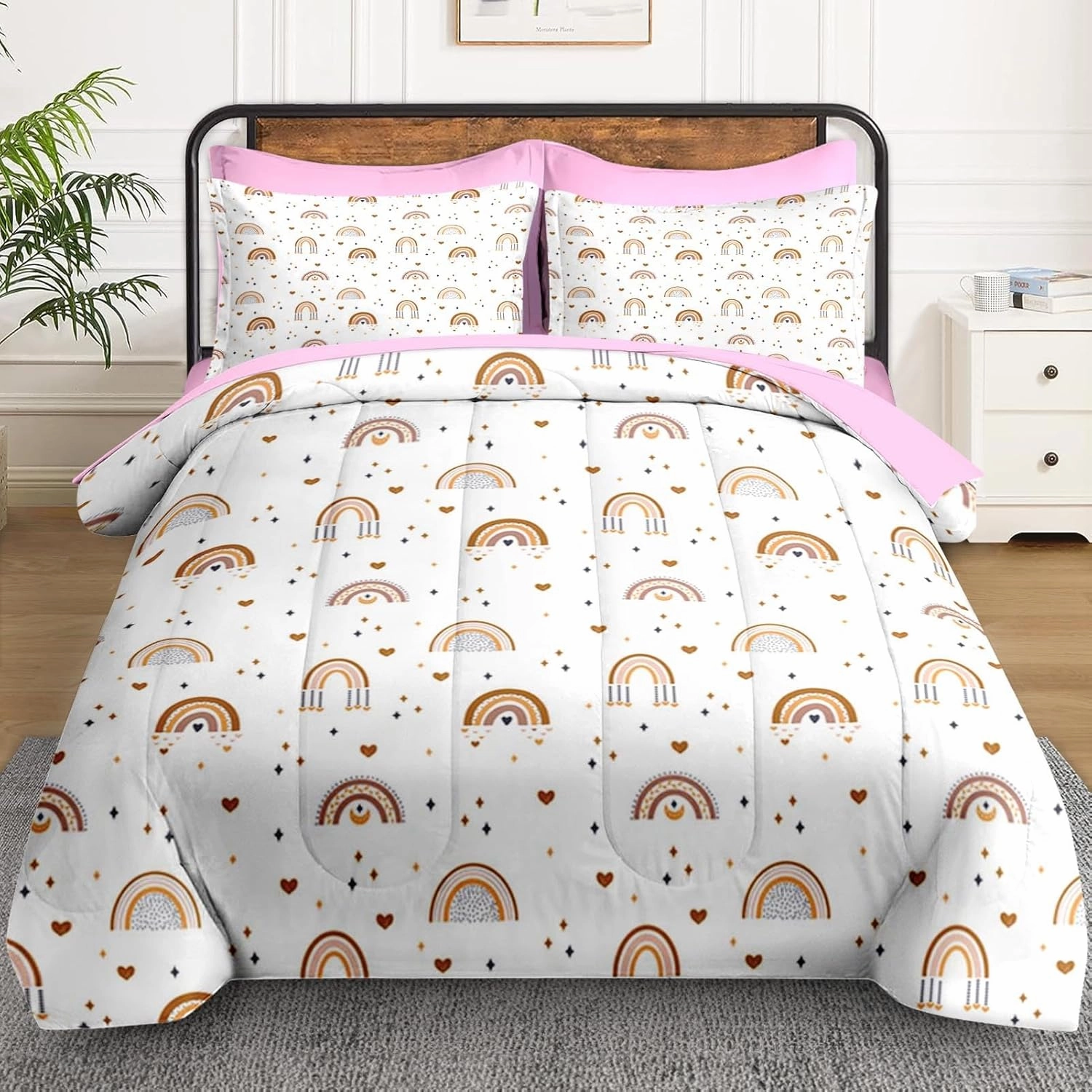 7 Pcs King Size Comforter Set with 2 Pillowcases & 2 Shams, Cute Bohemian Rainbow Bedding for Kids and Adults, Cartoon Boho Nursery Bed in a Bag with Flat Fitted Sheet