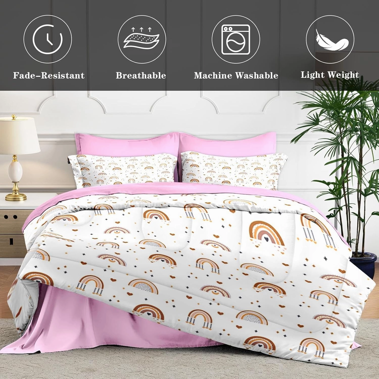 7 Pcs King Size Comforter Set with 2 Pillowcases & 2 Shams, Cute Bohemian Rainbow Bedding for Kids and Adults, Cartoon Boho Nursery Bed in a Bag with Flat Fitted Sheet
