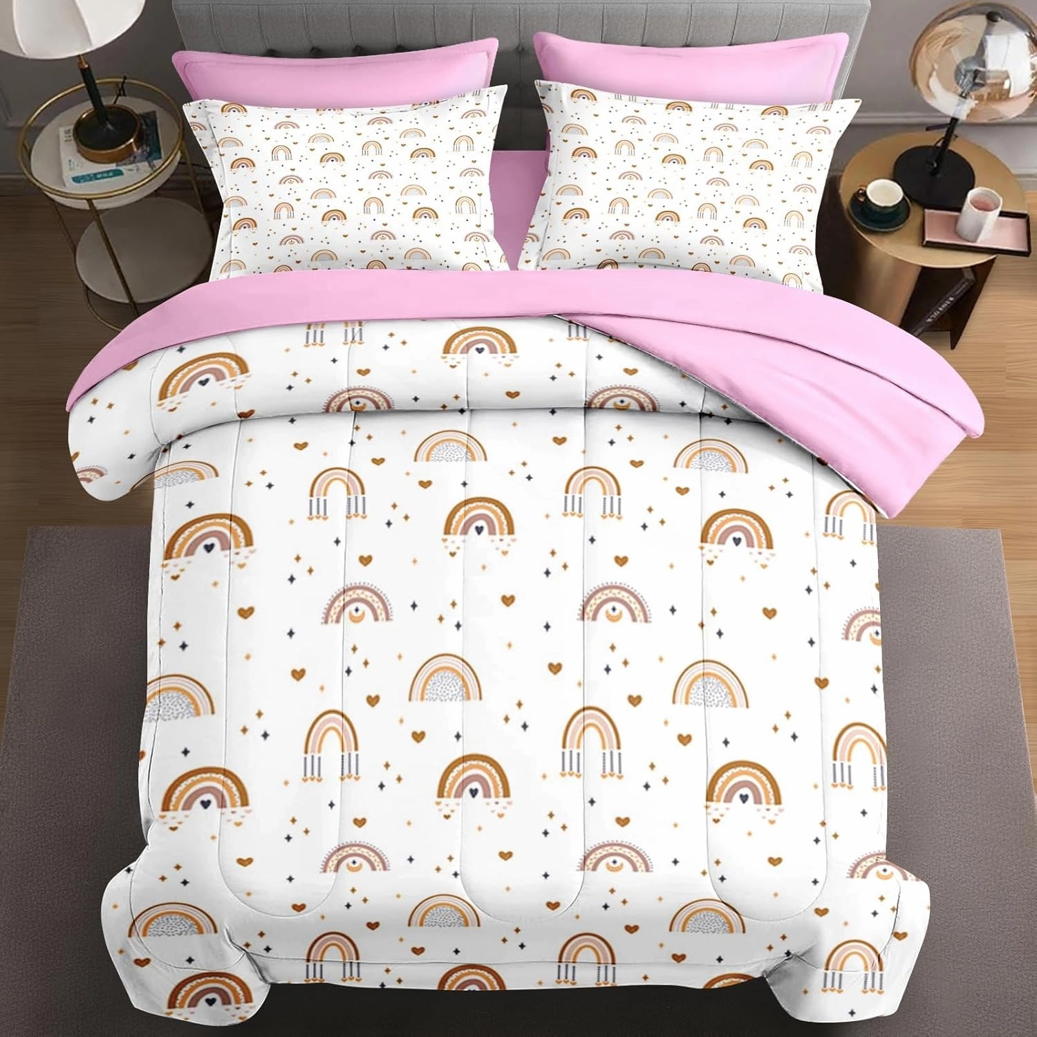 7 Pcs King Size Comforter Set with 2 Pillowcases & 2 Shams, Cute Bohemian Rainbow Bedding for Kids and Adults, Cartoon Boho Nursery Bed in a Bag with Flat Fitted Sheet
