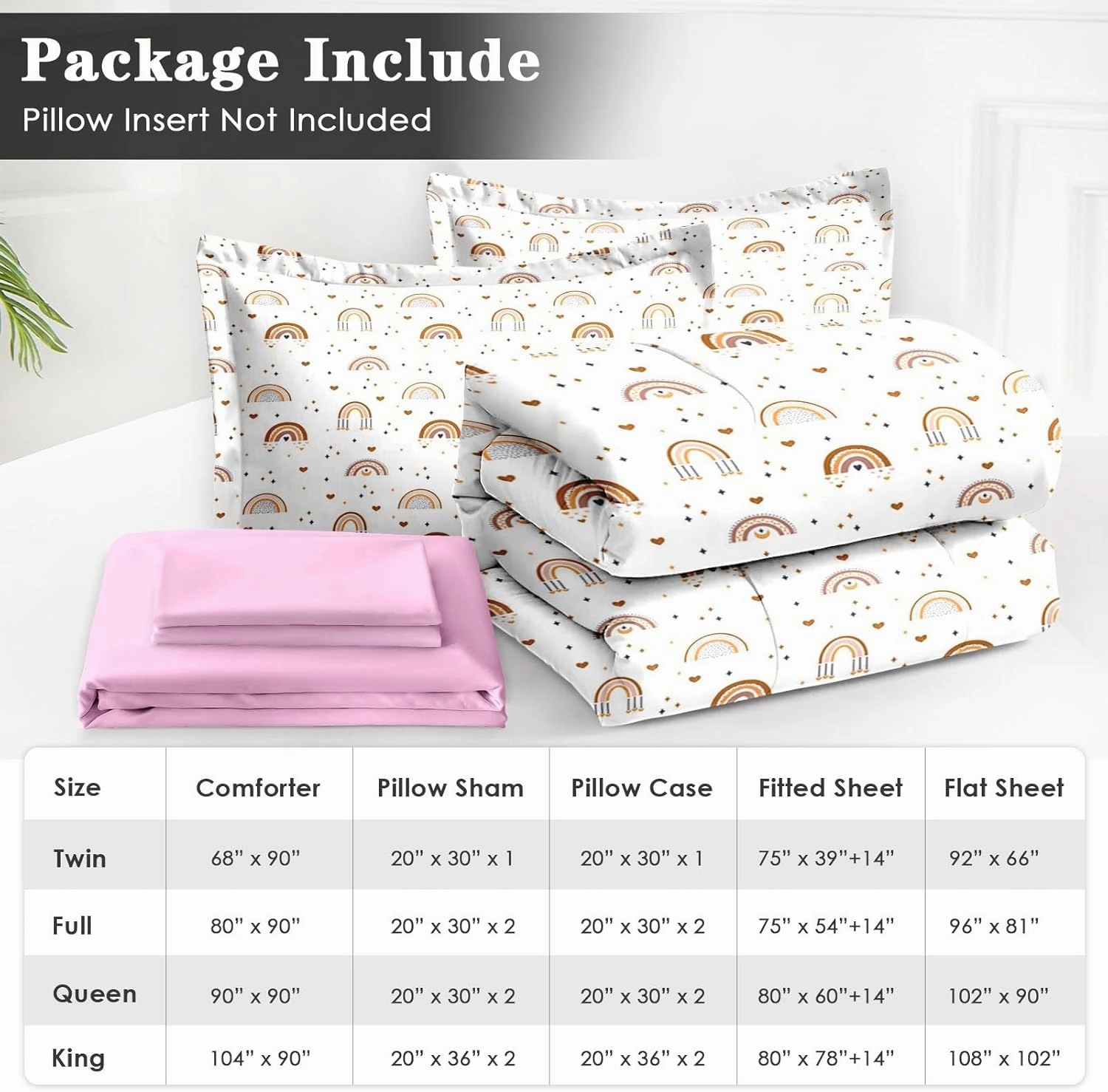 7 Pcs King Size Comforter Set with 2 Pillowcases & 2 Shams, Cute Bohemian Rainbow Bedding for Kids and Adults, Cartoon Boho Nursery Bed in a Bag with Flat Fitted Sheet