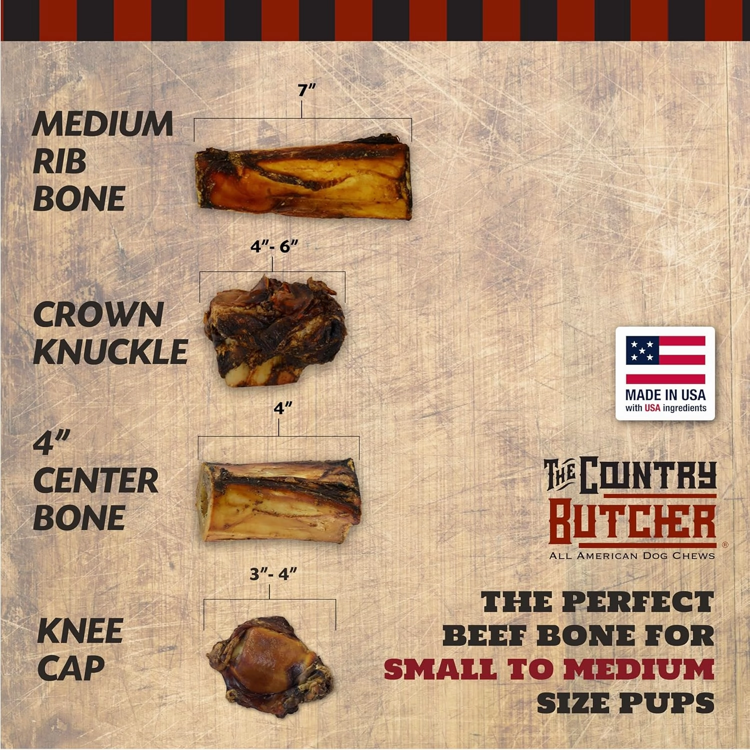 7" Rib Dog Bones for Small and Medium Breed, Natural, Tough, Dental Treat, Chew Toy, Made in The USA, 12 Count