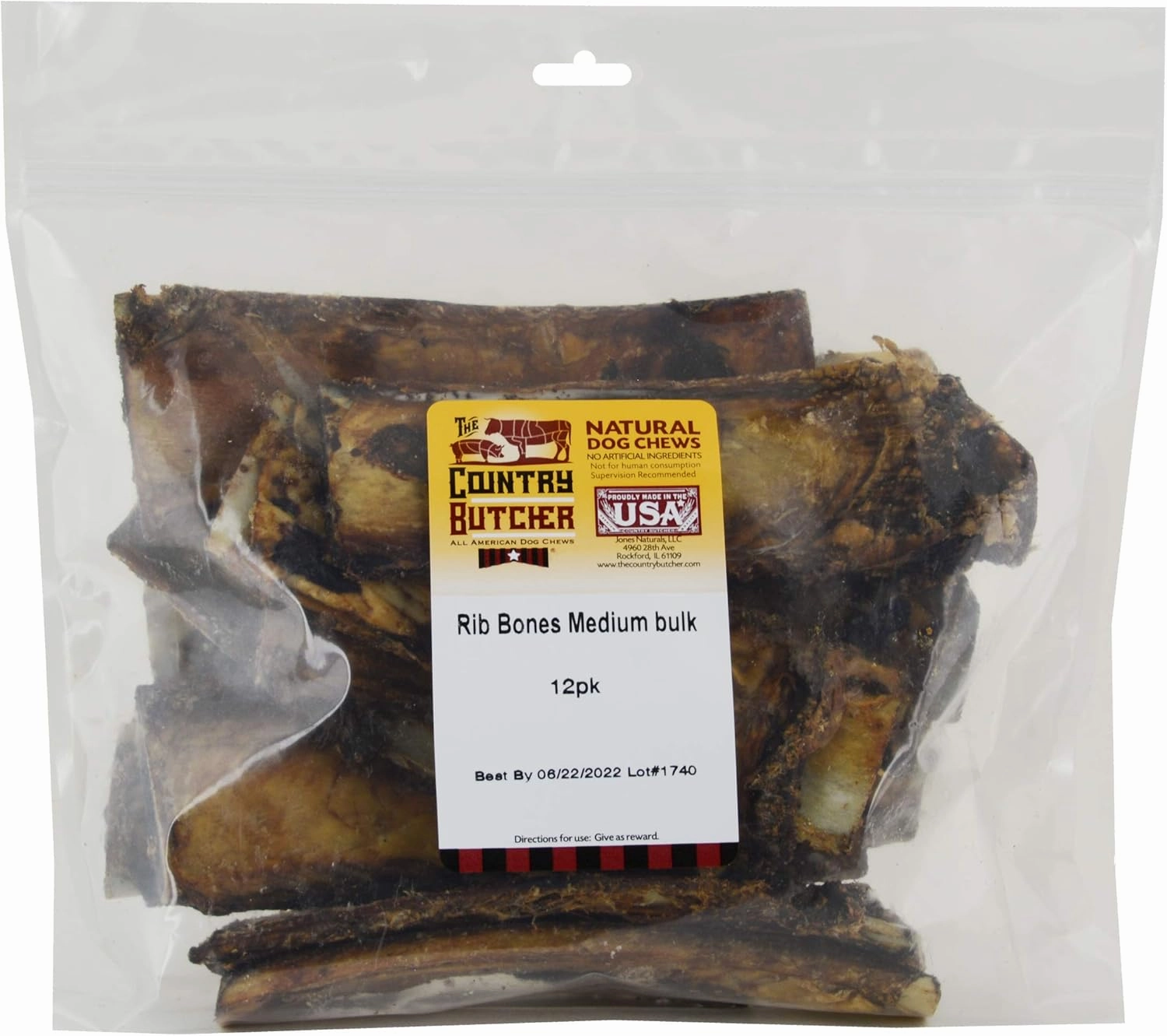 7" Rib Dog Bones for Small and Medium Breed, Natural, Tough, Dental Treat, Chew Toy, Made in The USA, 12 Count