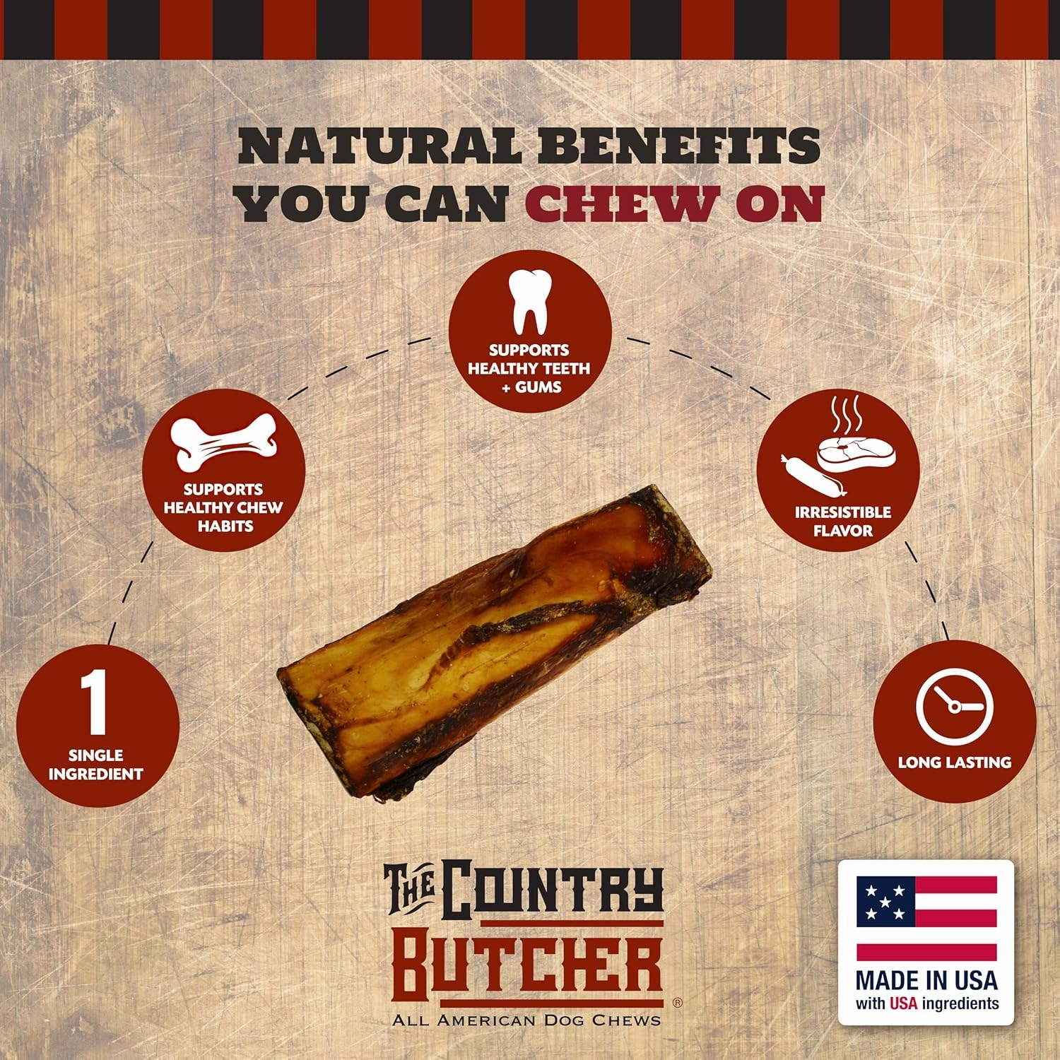 7" Rib Dog Bones for Small and Medium Breed, Natural, Tough, Dental Treat, Chew Toy, Made in The USA, 12 Count