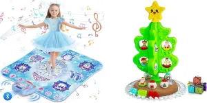 8-Button Frozen Dance Pad & Montessori Inspired Christmas Activity Tree,Wireless Bluetooth Electronic Dance Game with 4 Game Modes LED Light Built-in Music,Sensory Toy with Roly Poly & DIY Train Track