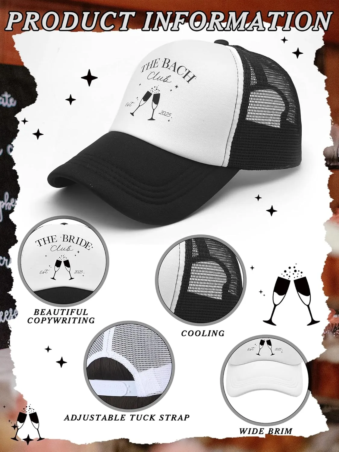 8 Pack Social Club Bachelorette Party Hats Include 1 Pack The Bride Cap and 7 Pcs The Bach Club Trucker Cap