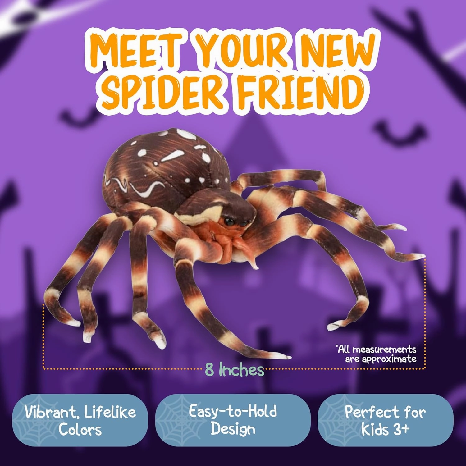 8" Plush Spider Toy - Soft, Safe Spider Stuffed Animal for Kids 3 , Ignites Imaginations - Vibrant Colors, Perfect for Endless Adventures (Brown)
