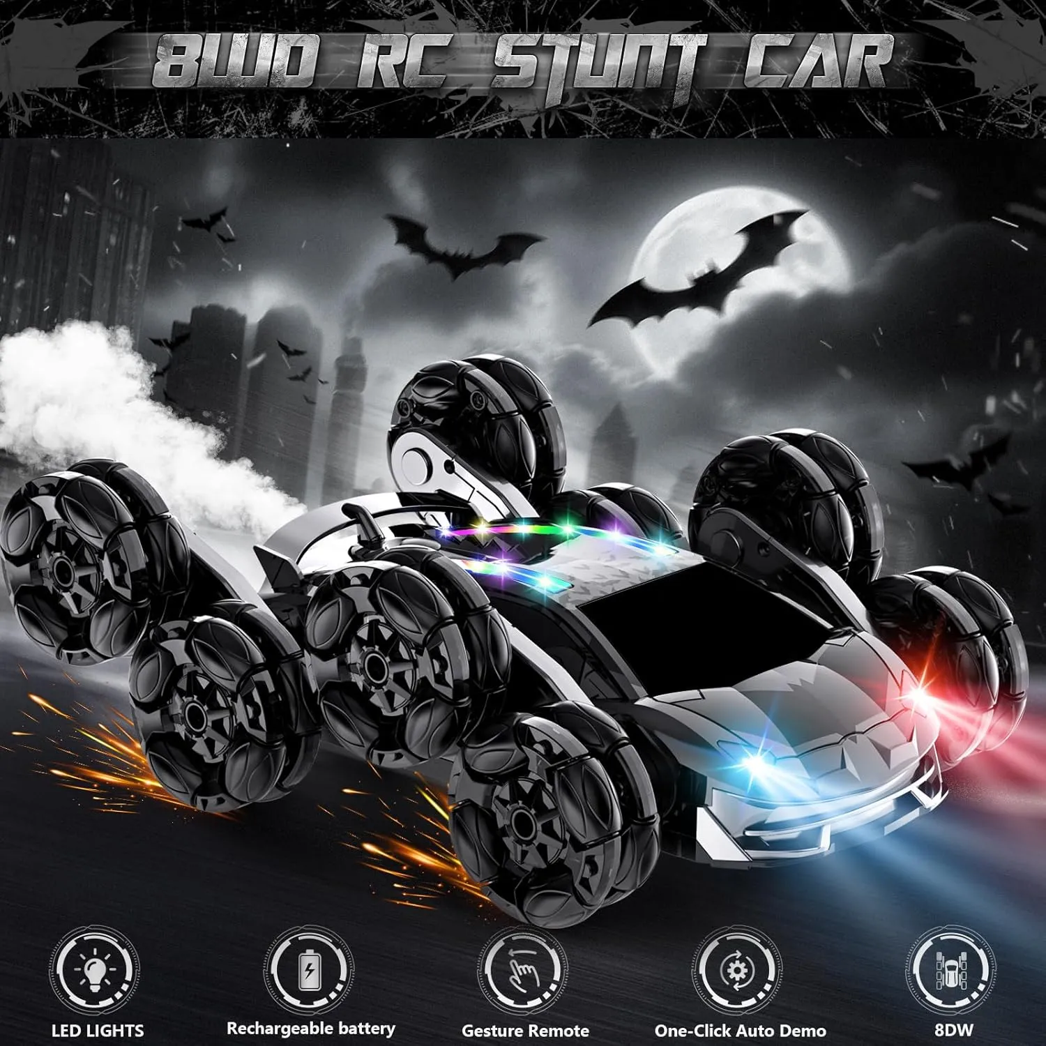 8WD Remote Control Car,2.4GHz Gesture Sensing RC Stunt Car,Cool Spray Rotation RC Car with Lights and Music,All Terrain Toys for Ages 5-7 Birthday Gifts for Boys Girls(Black)