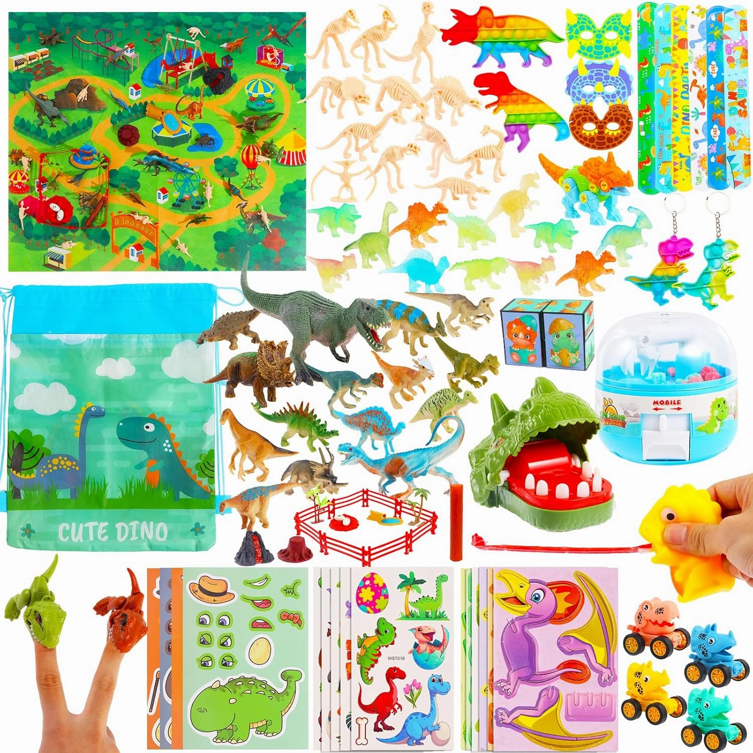 99Pack Dinosaur Party Favors - Toys Set with Dinosaur Popper Cars, Slap Tattoos, Figures & More for Kids' Birthday & Holiday Parties