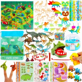 99Pack Dinosaur Party Favors - Toys Set with Dinosaur Popper Cars, Slap Tattoos, Figures & More for Kids' Birthday & Holiday Parties