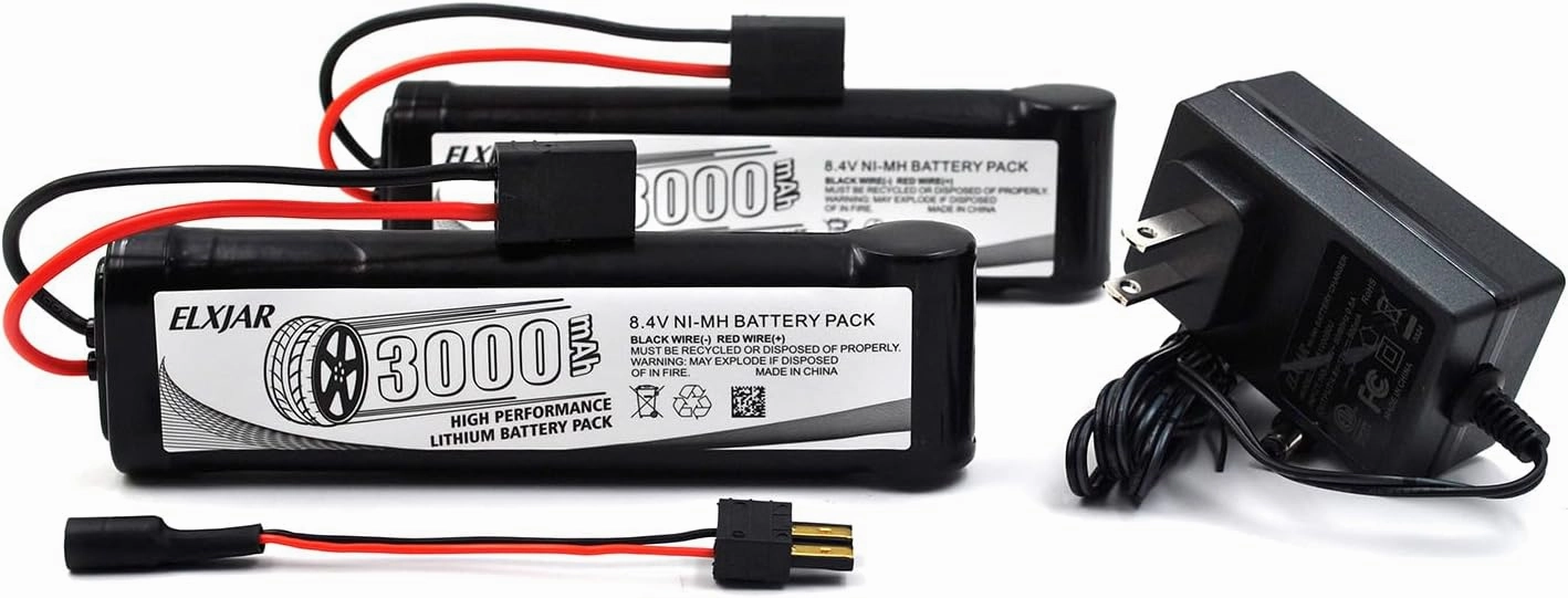 (2-Pack) 8.4V 3000mAh Ni-MH Battery with TRX Plug and Charger Replacemen for RC Car LOSI Associated HPI Kyosho Tamiya Hobby
