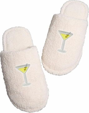 A Dash of Chic Martini Patch Plush Fuzzy Sherpa Slippers, Closed Toe, Warm, Cozy, Gift for Martini Lover