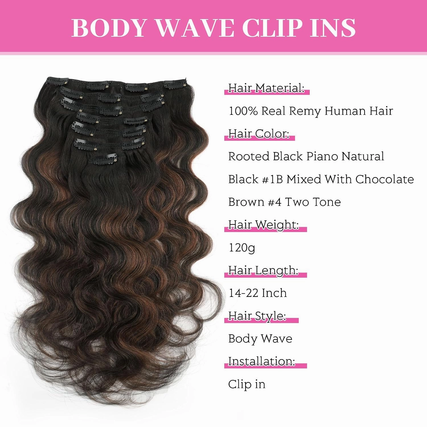 ABH AMAZINGBEAUTY HAIR Body Wave Clip in Hair Extensions Human Hair Body Wave Clip ins for Black Women Rooted Black Piano Natural Black #1B Mixed With Chocolate Brown #4 Two Tone 120G 22 Inch