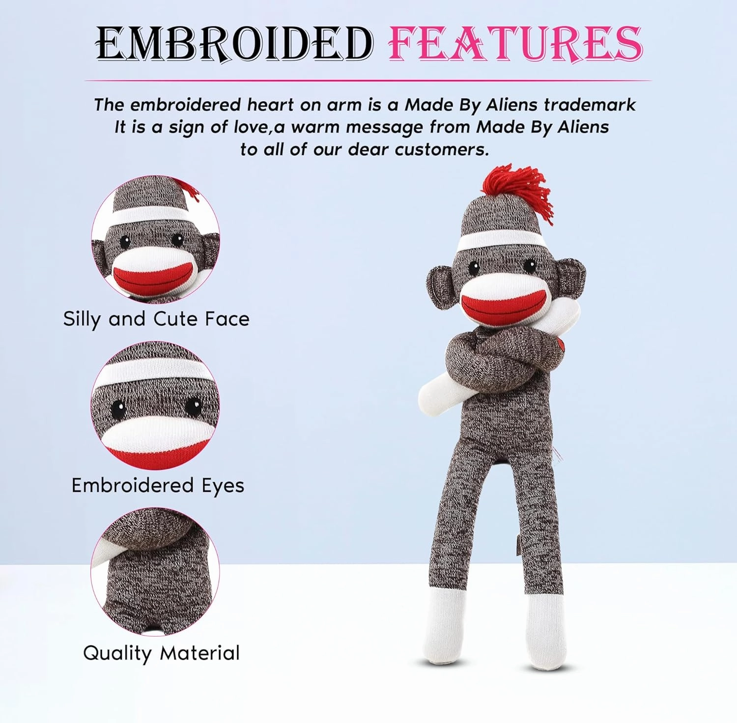 Adorable Sock Monkey, The Original Traditional Hand Knitted Stuffed Animal Toy Gift-for Kids, Babies, Teens, Girls and Boys Baby Doll Present Puppet (20" Brown)