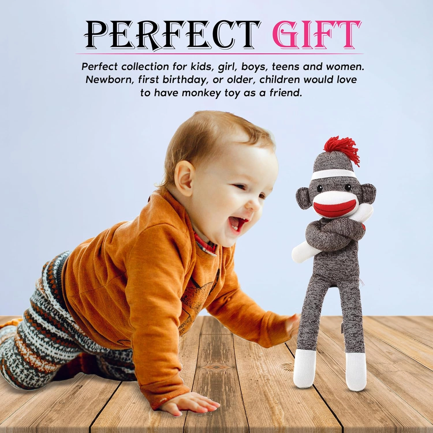 Adorable Sock Monkey, The Original Traditional Hand Knitted Stuffed Animal Toy Gift-for Kids, Babies, Teens, Girls and Boys Baby Doll Present Puppet (20" Brown)