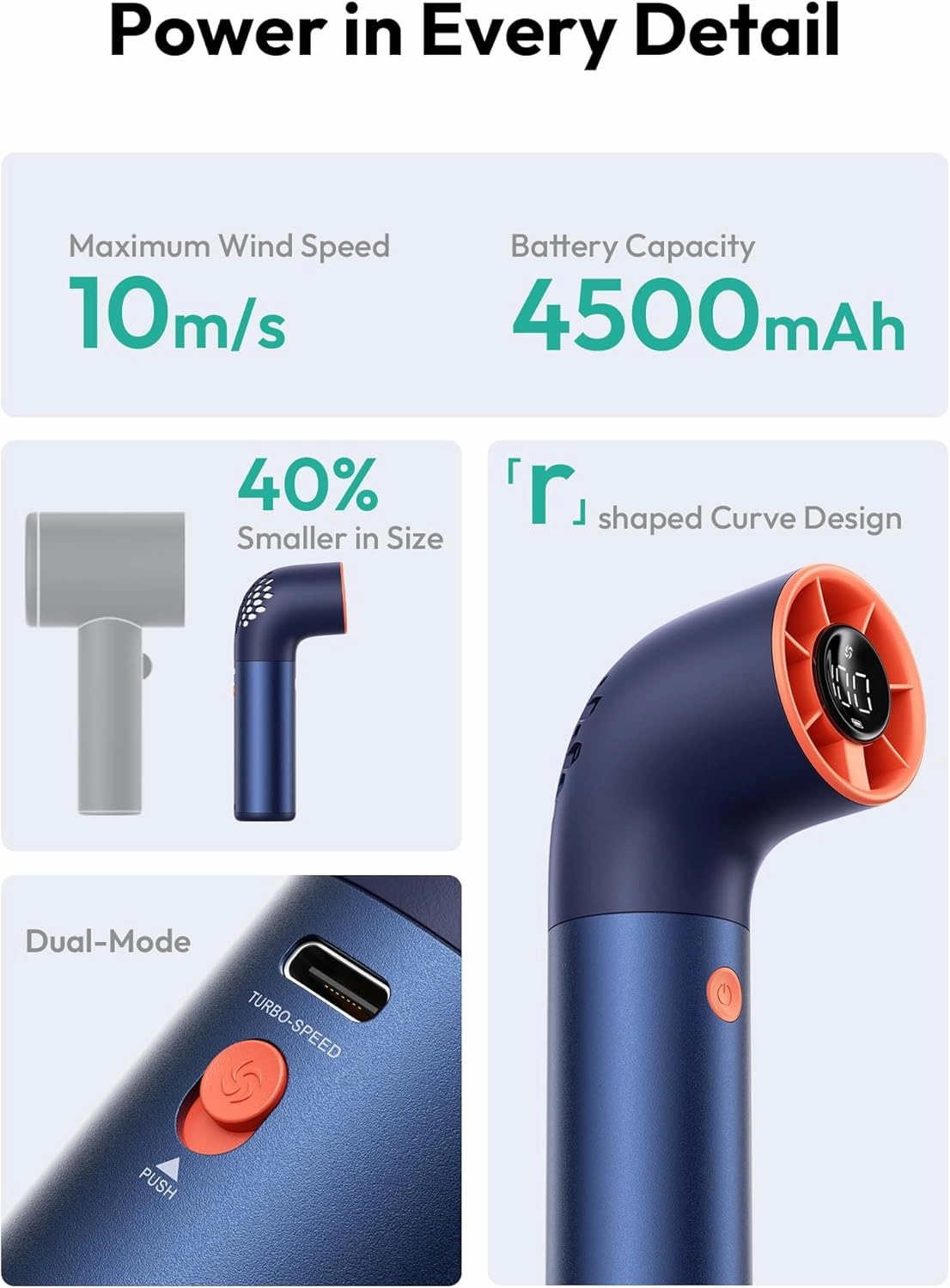 Aecooly Portable Handheld Fan, Powerful Turbo Mini Fan, 19000 RPM High Speed Aero Ultra, 15H Max Cooling Time, 7 Speeds Aluminum Case, Pocket Rechargeable Personal Small Travel GIfts for Women -Blue