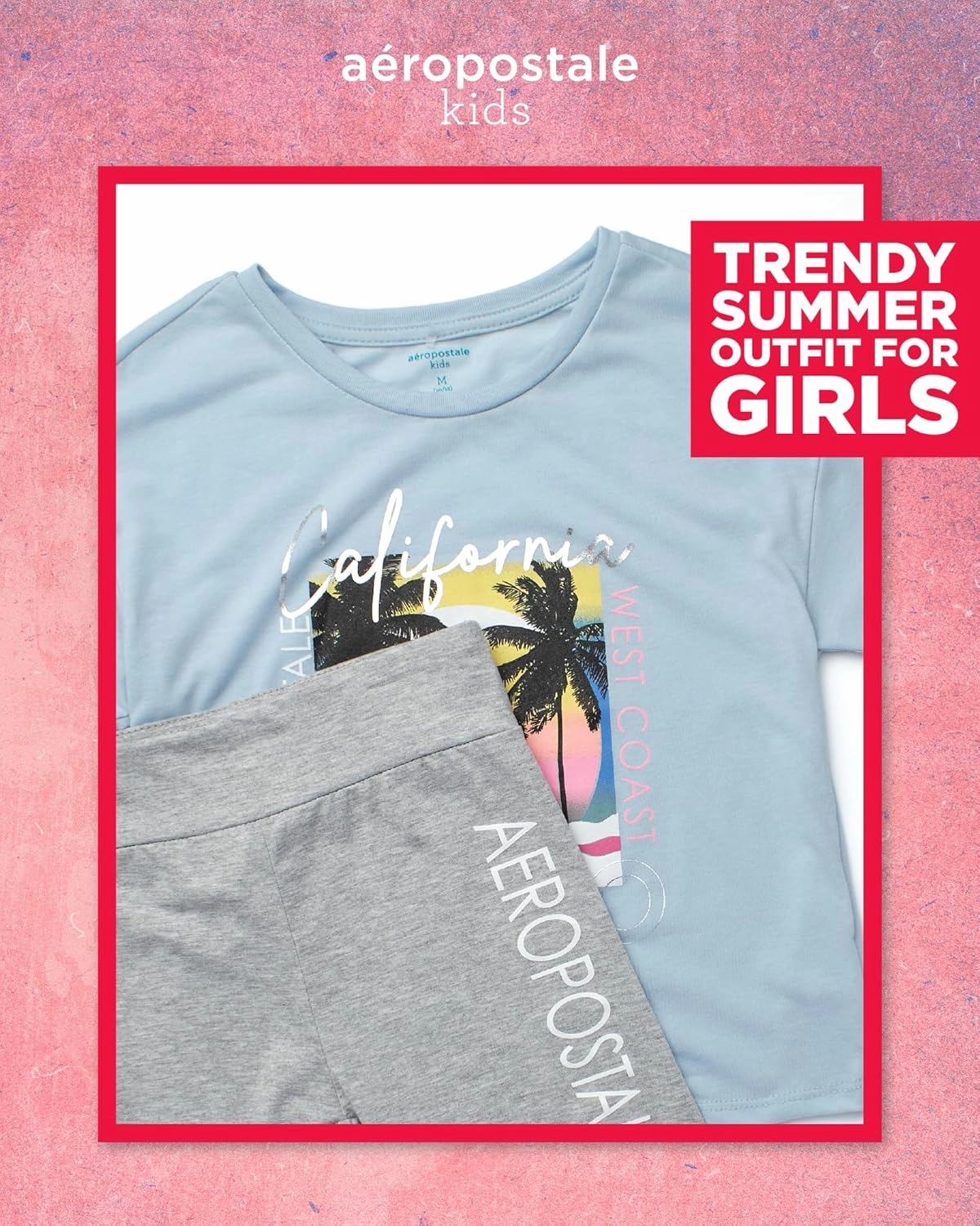AEROPOSTALE Girls Biker Shorts Set - 2 Piece Short Sleeve Graphic Tee and Stretchy Bike Shorts for Girls (Sizes: 7-12)