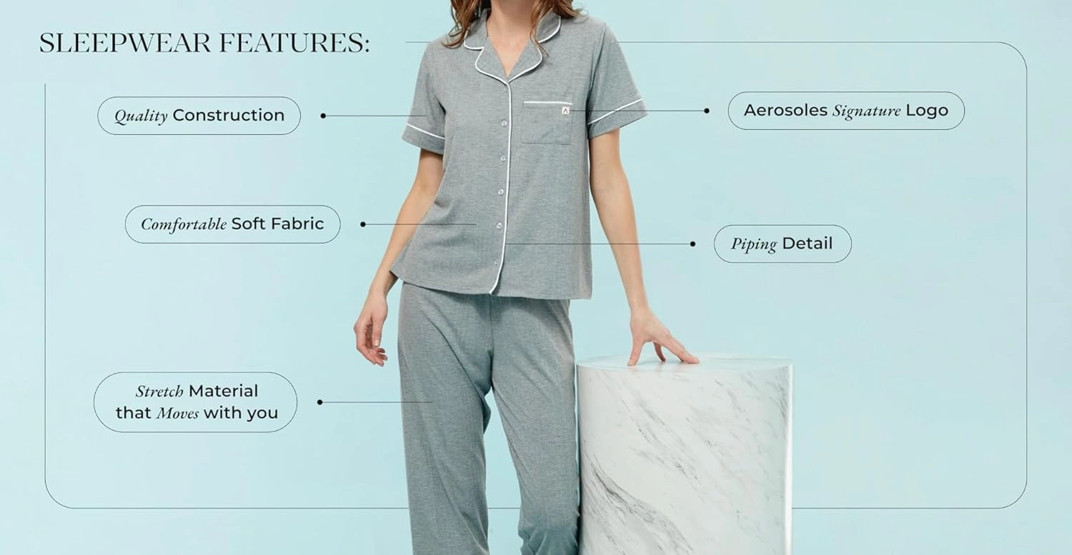 Aerosoles Women's Notch Collar Cozy Pjs 2 Piece Cozy Cooling Cotton Button-up Pajama Set