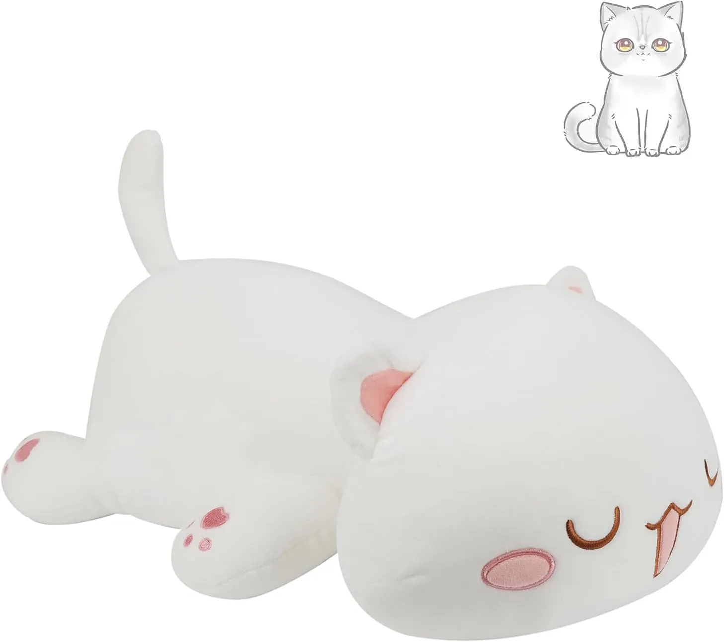 AFAN Cat Stuffed Animals Plush Cute Soft Cat Plush Pillow Toys Kawaii Plushies Room Decor Gifts for Kids Girls Boys (Squinted Eyes, White, 13.7 Inch)