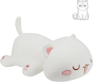 AFAN Cat Stuffed Animals Plush Cute Soft Cat Plush Pillow Toys Kawaii Plushies Room Decor Gifts for Kids Girls Boys (Squinted Eyes, White, 13.7 Inch)
