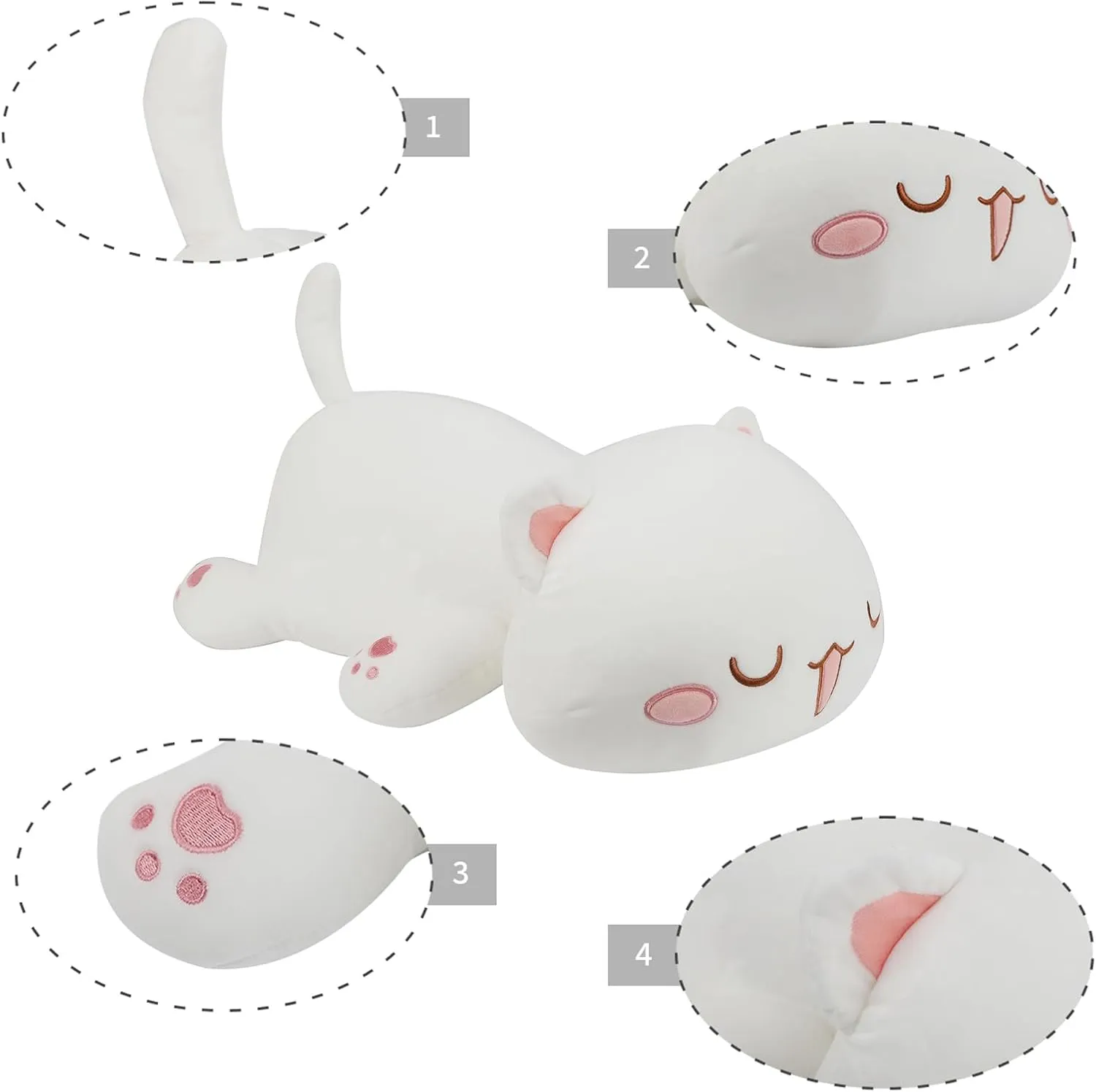 AFAN Cat Stuffed Animals Plush Cute Soft Cat Plush Pillow Toys Kawaii Plushies Room Decor Gifts for Kids Girls Boys (Squinted Eyes, White, 13.7 Inch)