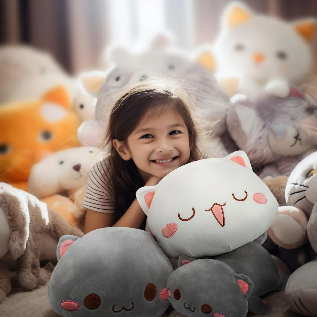 AFAN Cat Stuffed Animals Plush Cute Soft Cat Plush Pillow Toys Kawaii Plushies Room Decor Gifts for Kids Girls Boys (Round Eyes, White, 25.9 Inch)