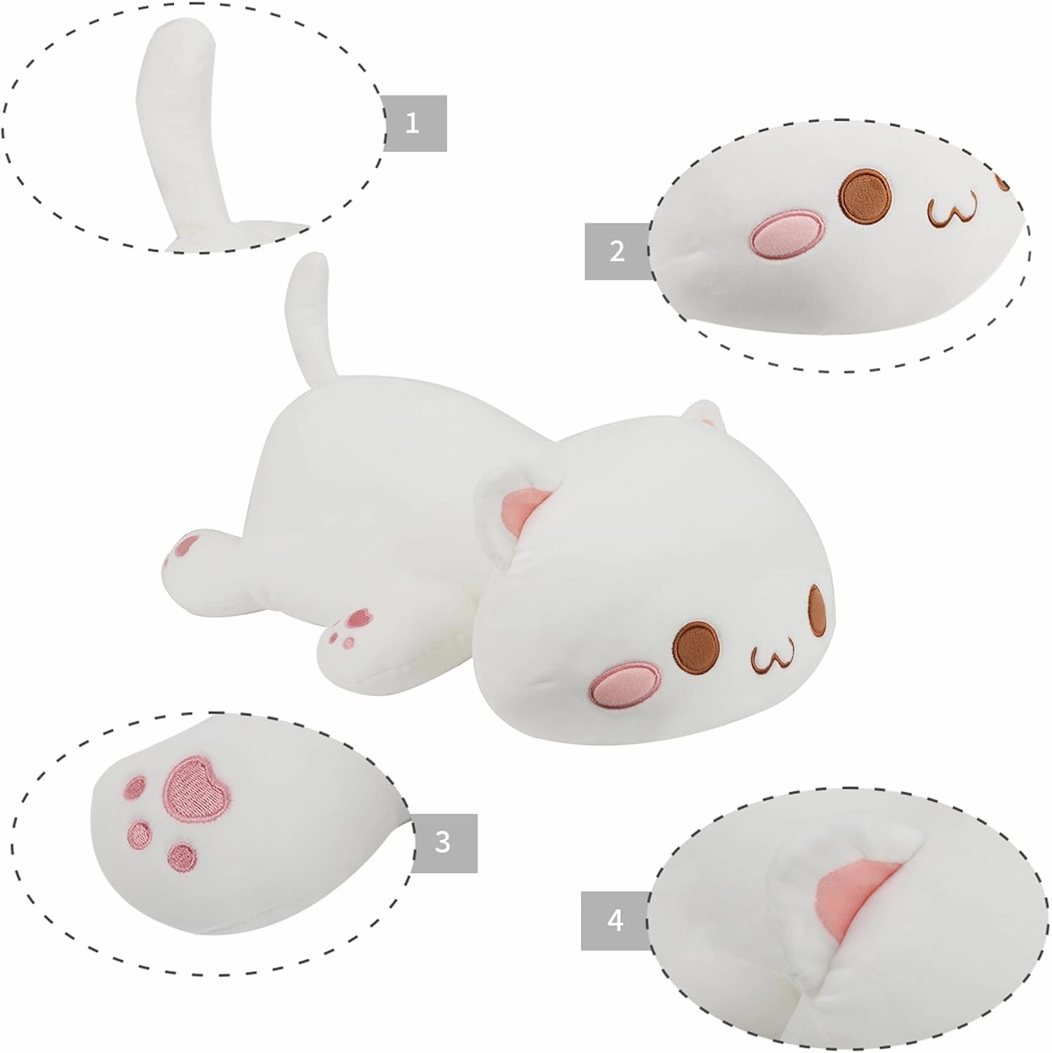 AFAN Cat Stuffed Animals Plush Cute Soft Cat Plush Pillow Toys Kawaii Plushies Room Decor Gifts for Kids Girls Boys (Round Eyes, White, 25.9 Inch)