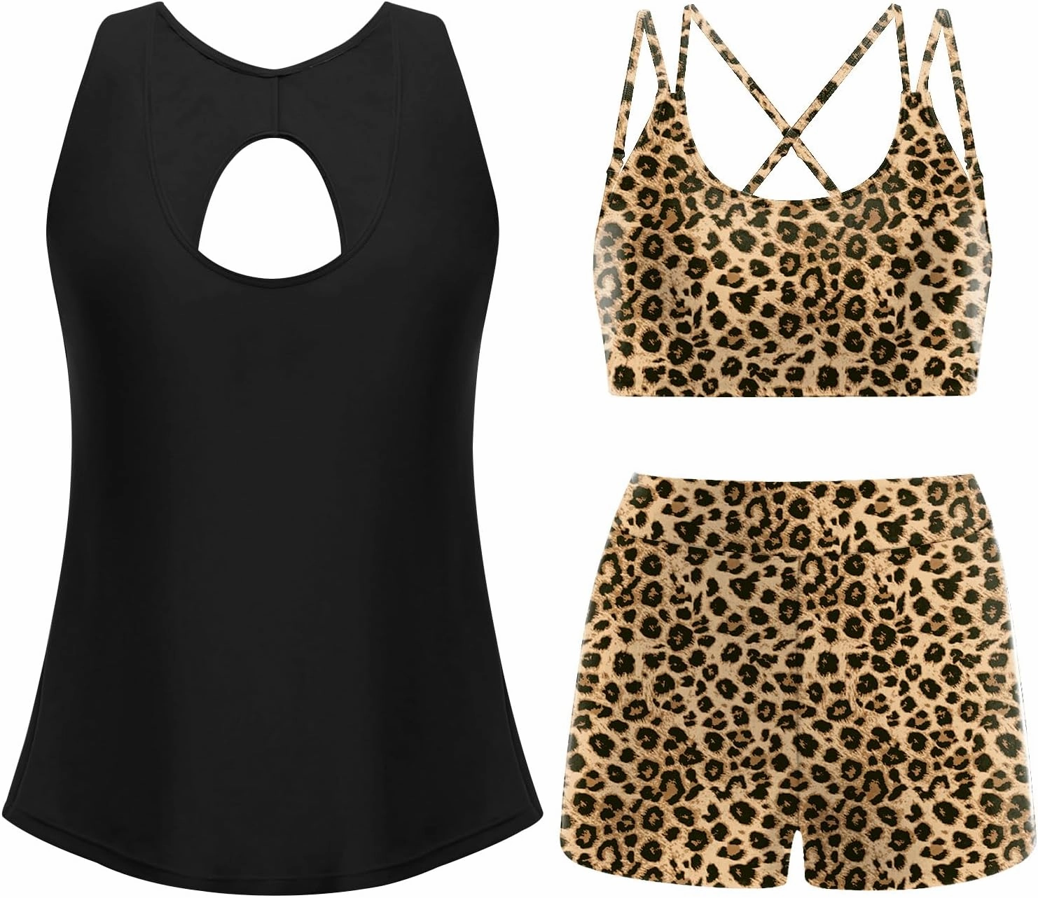 AI'MAGE Womens 3 Piece Tankini Swimsuits Tummy Control Bathing Suits Tank Top with Bra Boy Shorts Summer Swimwear S-XXL